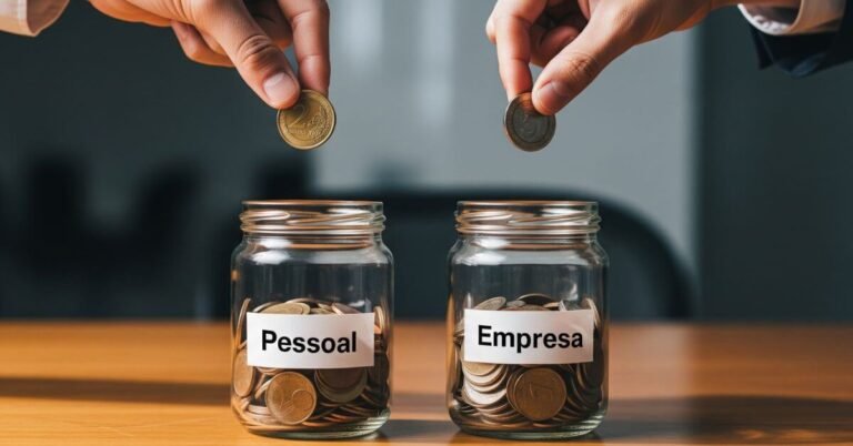 Dois potes de vidro, 'Pessoal' e 'Empresa', sobre uma mesa, simbolizando a separação de finanças.