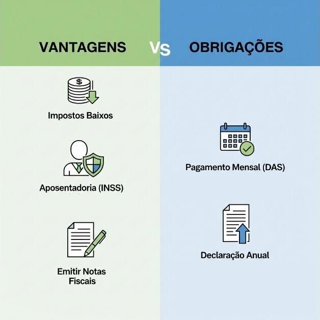 Infográfico comparando as vantagens e as obrigações de ser um Microempreendedor Individual em 2025.