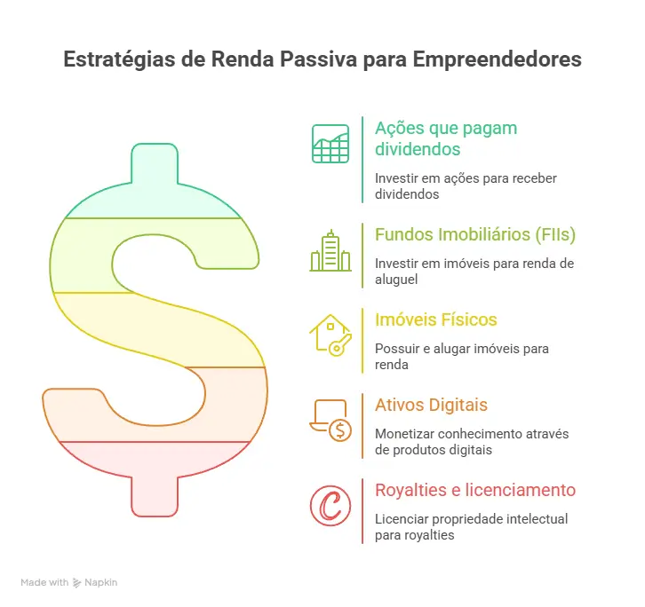 Infográfico comparando 5 tipos de renda passiva para empreendedores nos quesitos: investimento inicial, gestão de tempo e potencial de retorno.