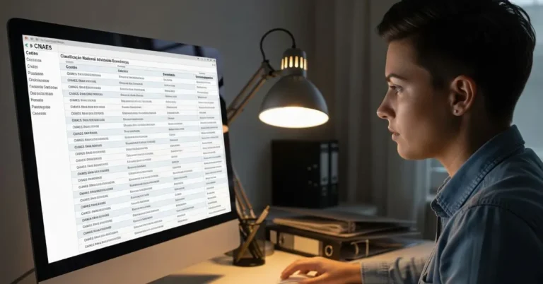 Empreendedor sorrindo em frente a um notebook, olhando a lista completa de CNAEs permitidos para seu MEI em 2025.