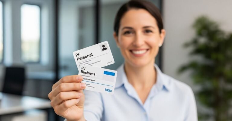 Empreendedor mostrando a diferença entre o cartão da conta PJ e PF para uma boa gestão financeira.