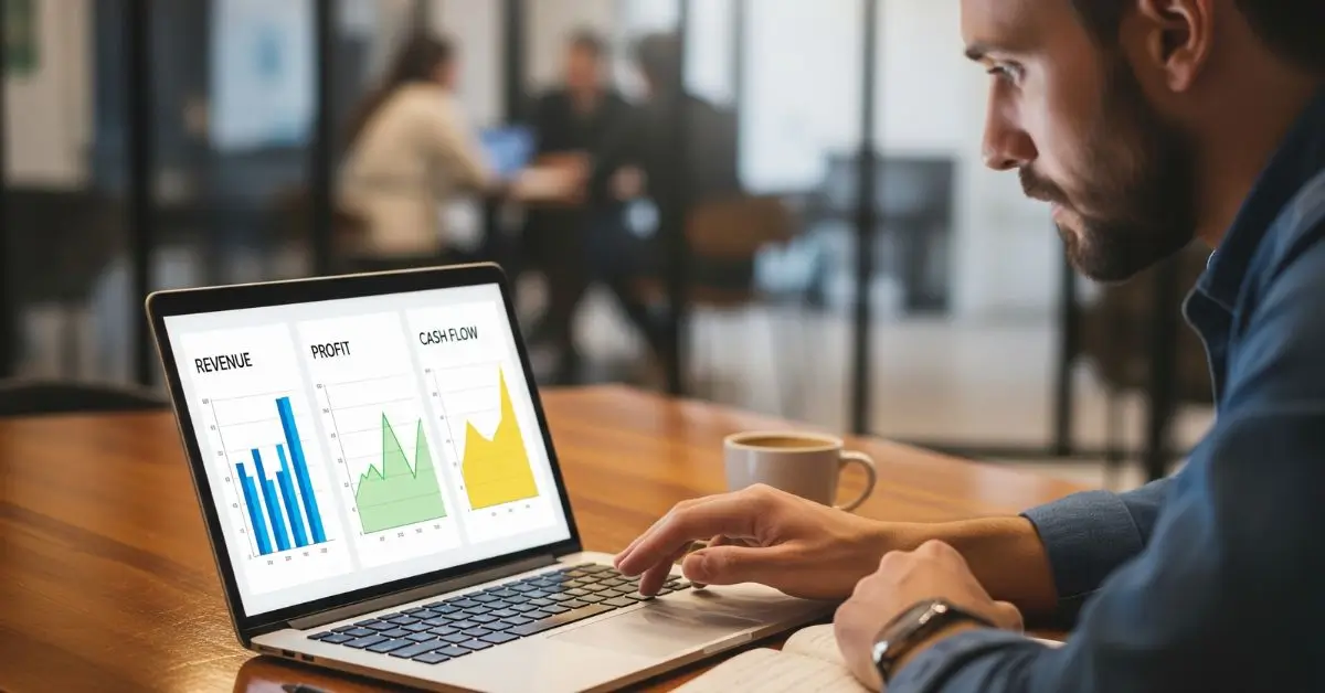 Empreendedor analisando a diferença entre faturamento, lucro e caixa em um gráfico no notebook.