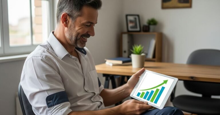 Empresário feliz analisa o resultado de como calcular o capital de giro de sua empresa em um tablet.
