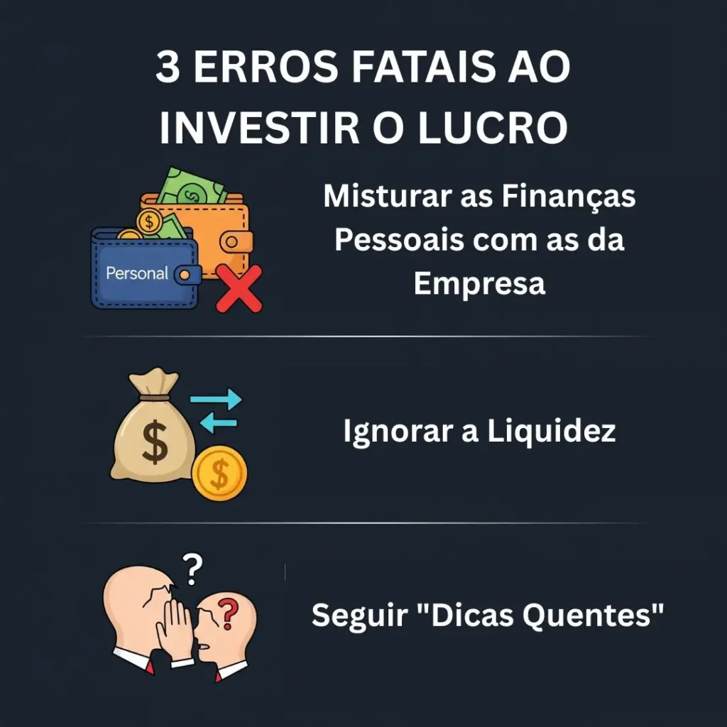 Infográfico listando 3 erros fatais que empresários cometem ao investir o lucro da empresa.