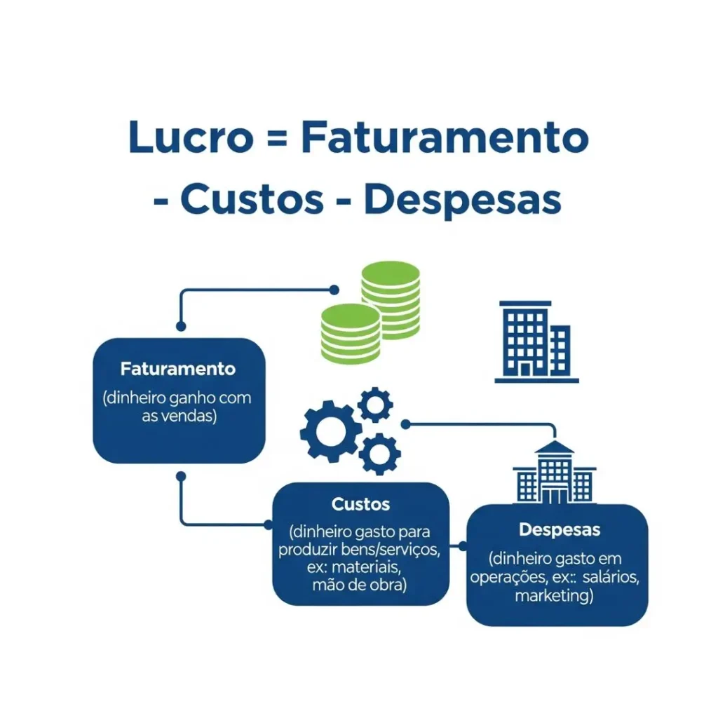 Infográfico mostrando a fórmula para calcular o lucro de uma empresa a partir do faturamento menos custos e despesas.