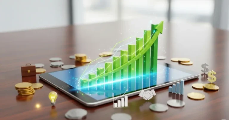 Gráfico de crescimento saindo de um tablet, ilustrando as estratégias sobre onde investir o lucro da empresa