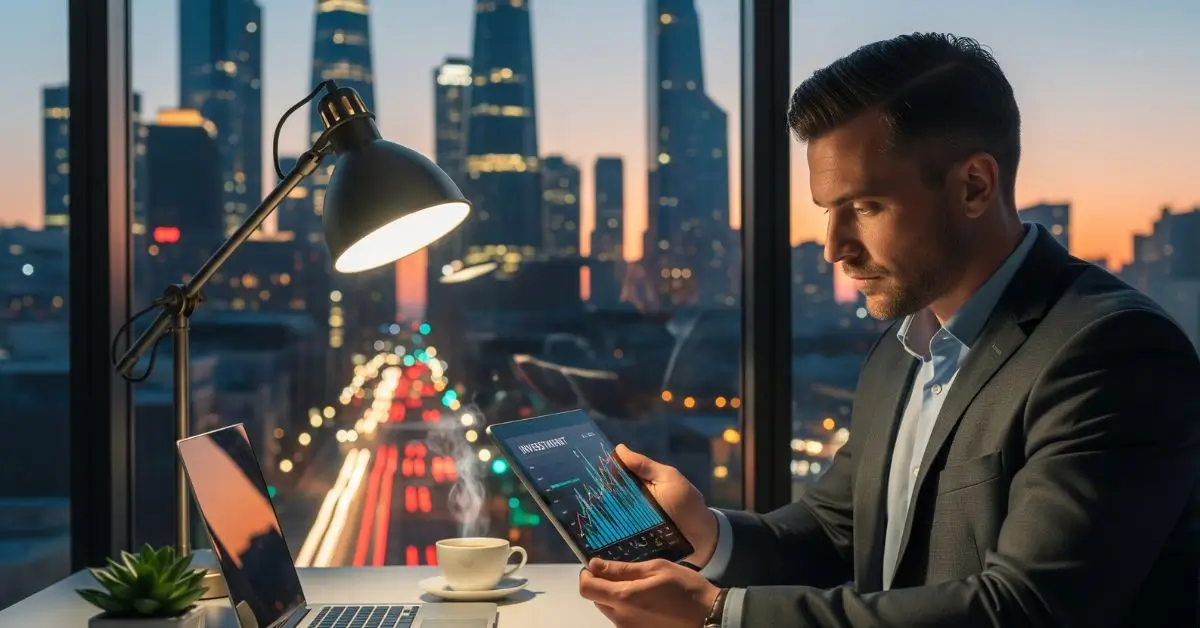 Empreendedor analisando gráficos de investimentos em um tablet, com a janela do escritório mostrando uma cidade ao fundo.