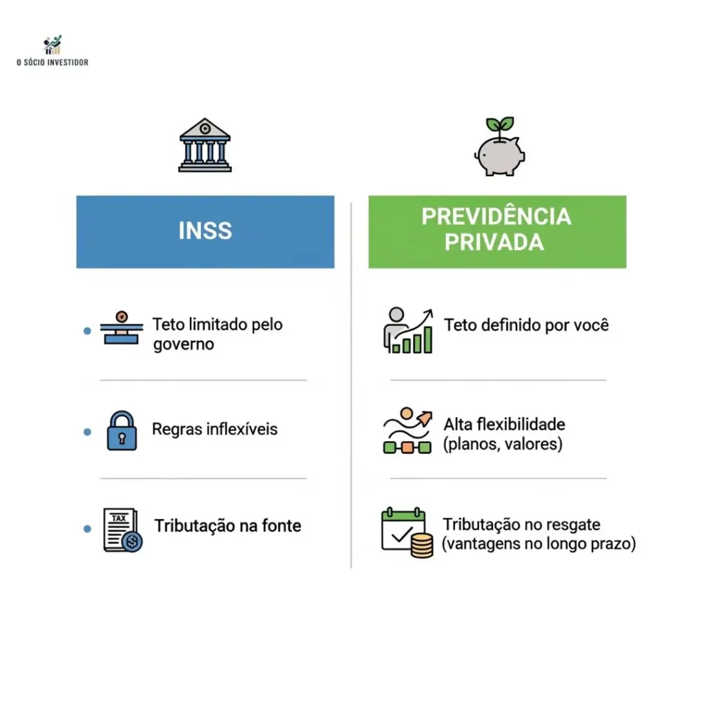 Infográfico comparando as características do INSS e da Previdência Privada para empreendedores, destacando teto, flexibilidade e tributação.