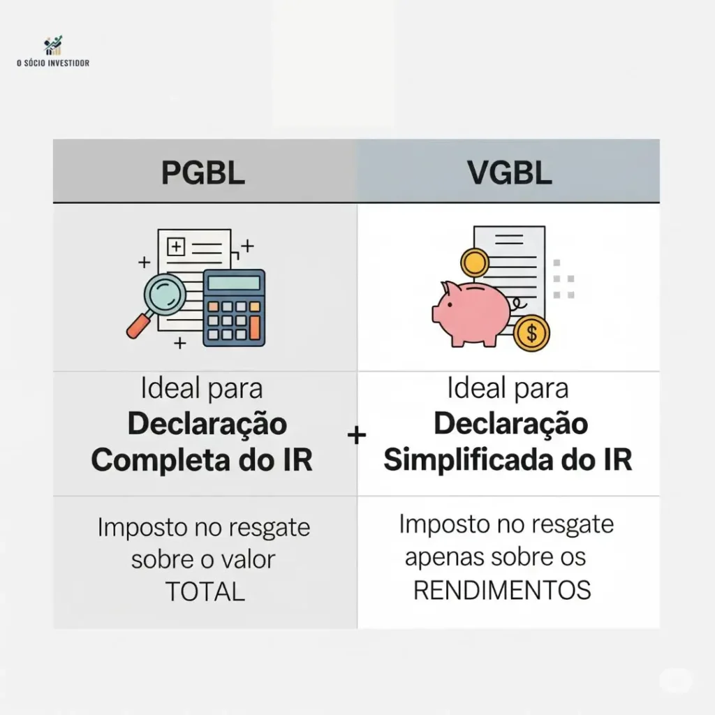 Infográfico mostrando a diferença de tributação entre os planos PGBL e VGBL, indicando para qual tipo de declaração de Imposto de Renda cada um é ideal.